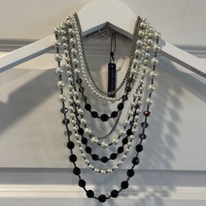 NWT New Ann Taylor Black White Silver Multi-Strand Necklace Pearl and Beads
